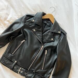 Zara Black Faux Leather Belted Biker Jacket